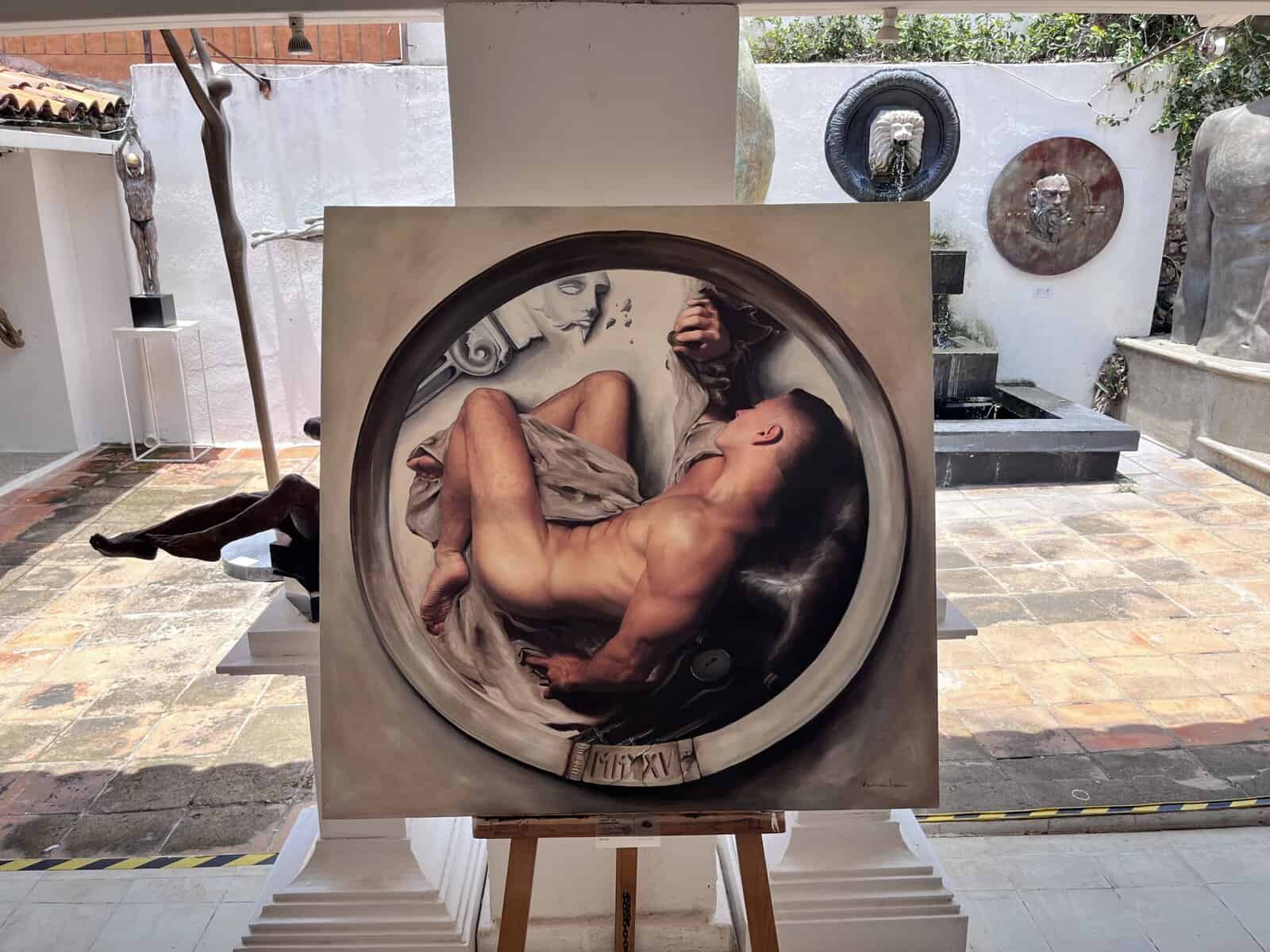 Painting of a man in plate with a broken statute 