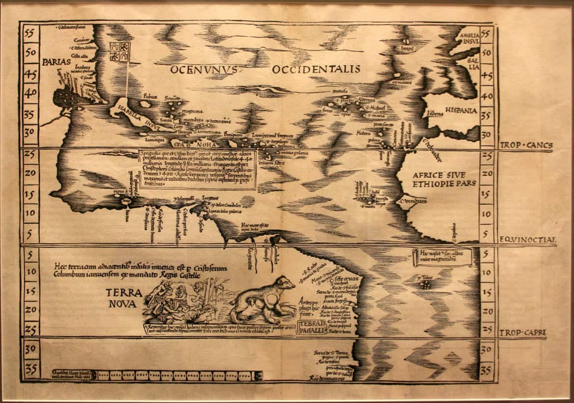 1525 printed woodcut map labeled “Terra Nova,” divided into three horizontal bands with “Oceanus Occidentalis” across the center; Europe and “Africae sive Aethiopiae pars” at right, the Caribbean and early North American/Gulf coast outlines at left; decorative cartouches and vignette figures/animals appear in the lower band.