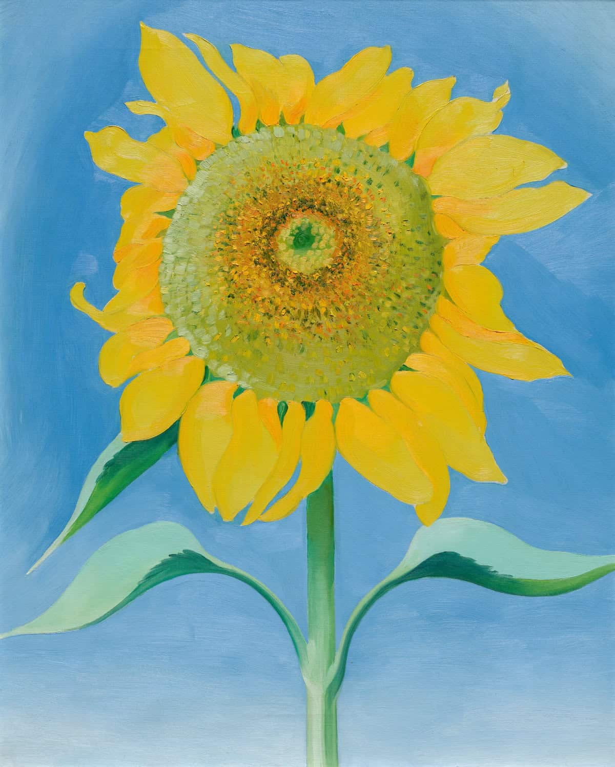 Painting by Georgie O’Keeffe of a single sunflower against a clear blue sky: a large green-and-gold seed head surrounded by bright yellow petals, with a straight green stem and two broad leaves extending left and right.