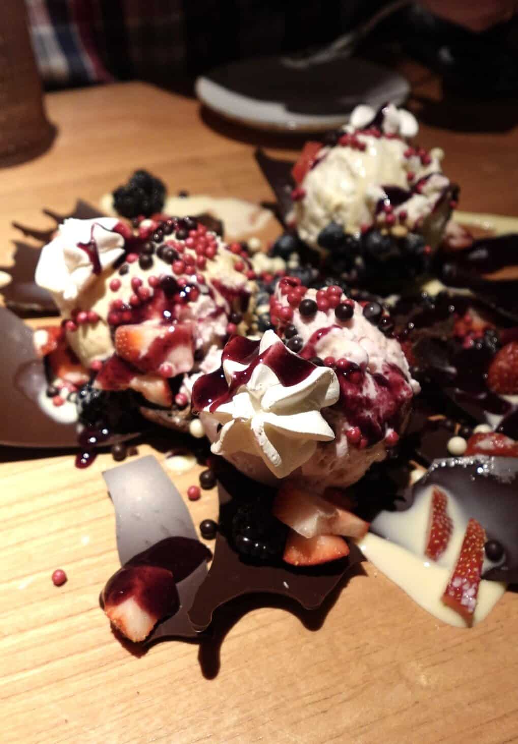 Ice cream and chocolate dessert.