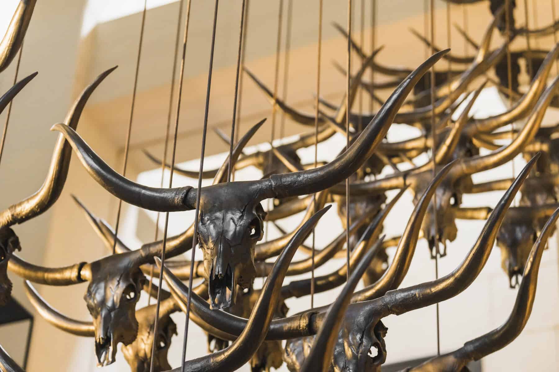 Hanging bronze longhorns.