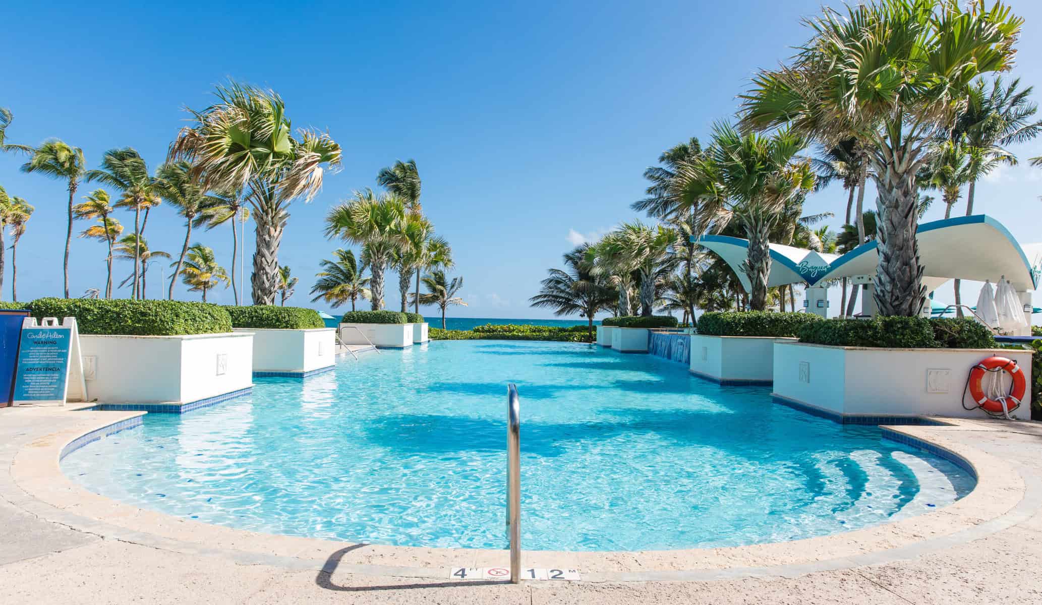 Pool lined with palm trees leading to the ocean