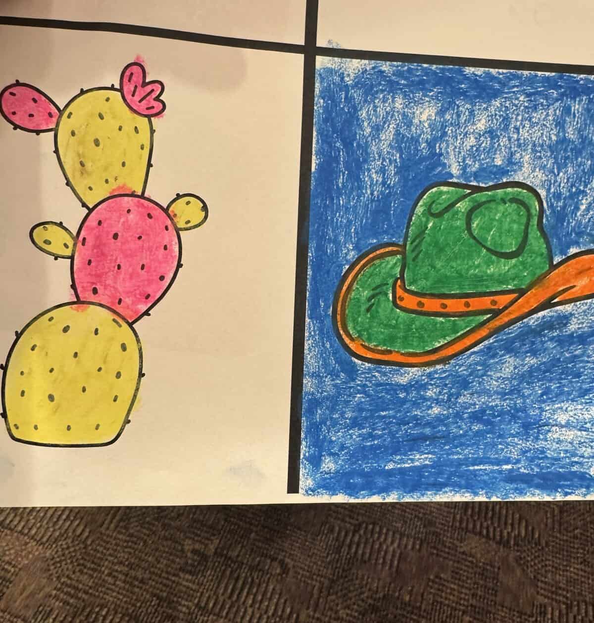 A drawing of a cowboy hat and cactus, colored with bright crayons.