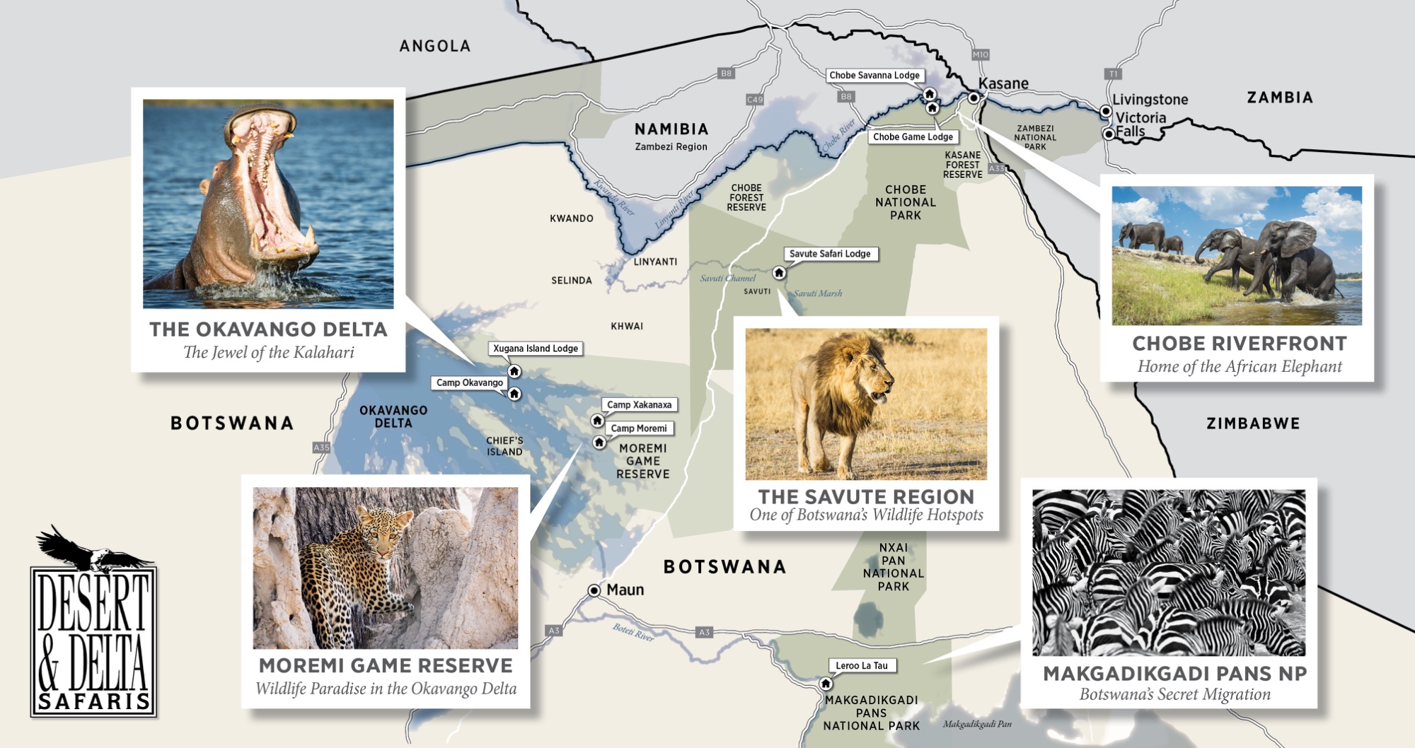  Map showing Botswana safari regions including Okavango Delta, Savute, and Chobe National Park.