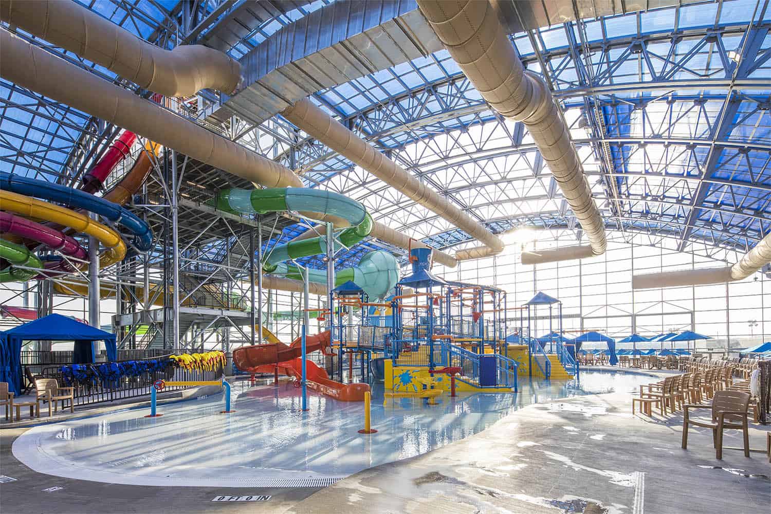  View of the colorful water slides and activity area with wading pool when no guests are present.