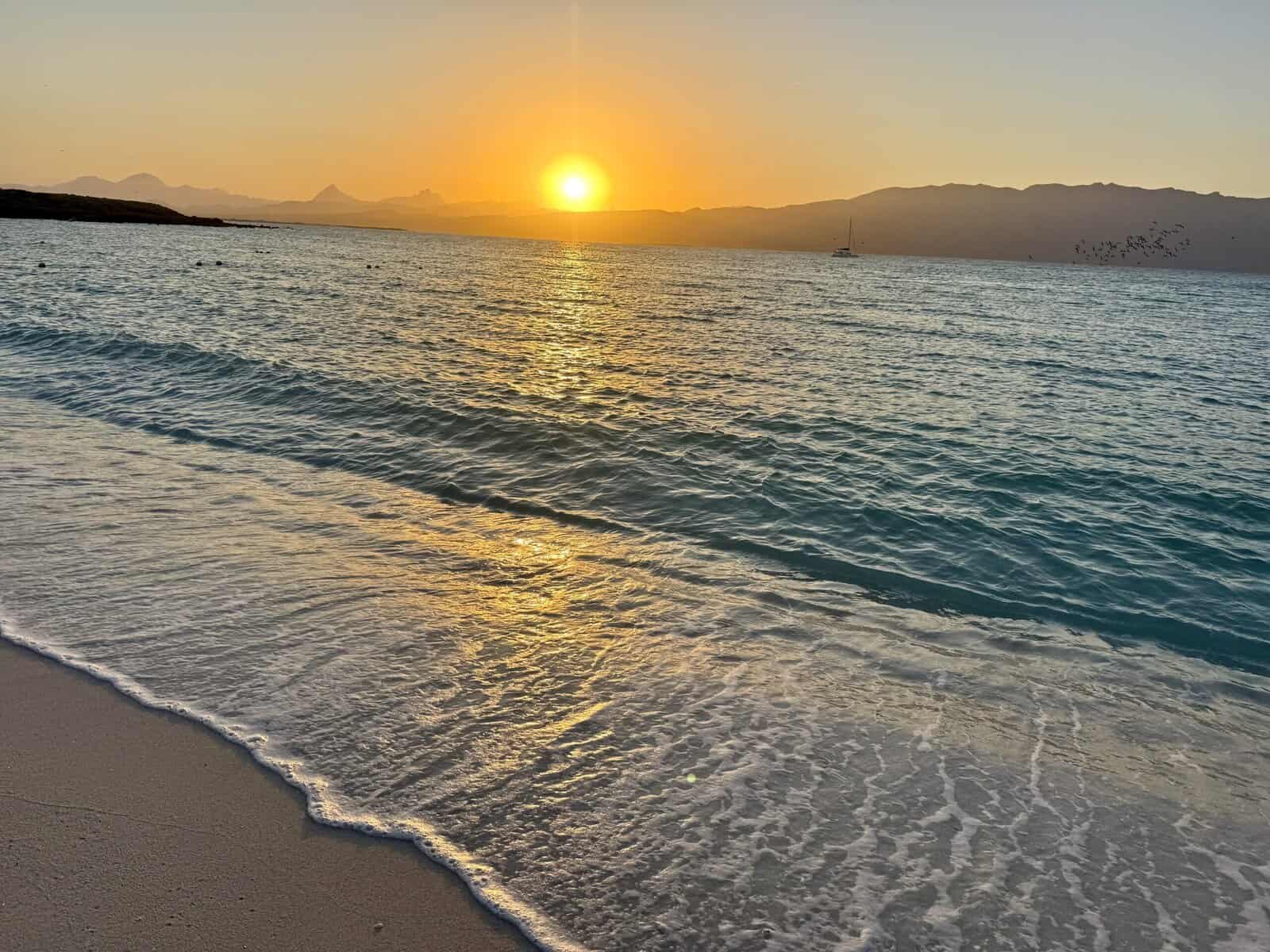 Sun sets over the mountains and sea with a small ship and a flock of birds in the distance