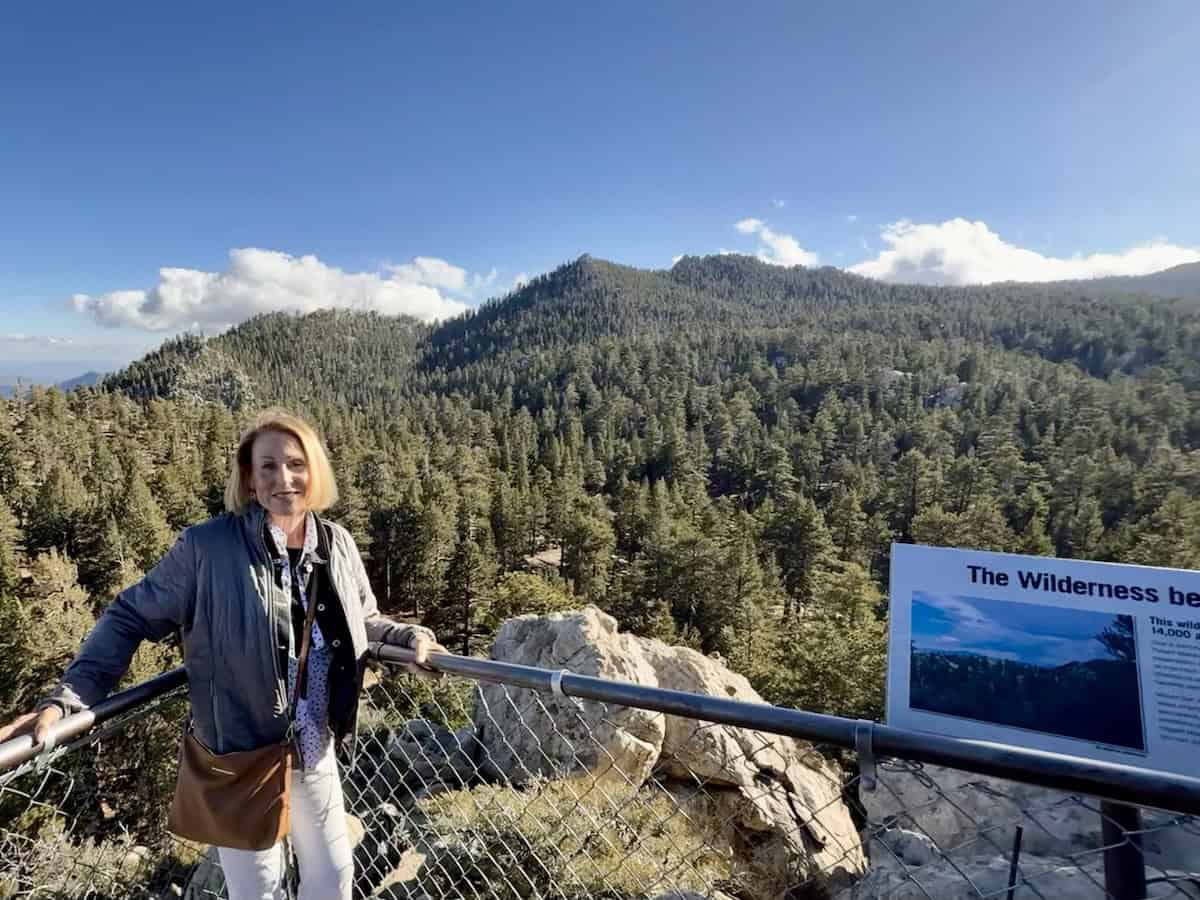 Woman at the railing at the top of the Palm Springs Aerial Tramway with sweeping views of the San Jacinto Mountains
