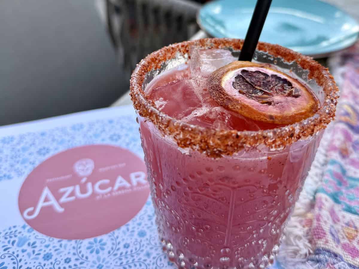 Pink Azúcar margarita cocktail on the rooftop bar at La Serena Villas in Palm Springs