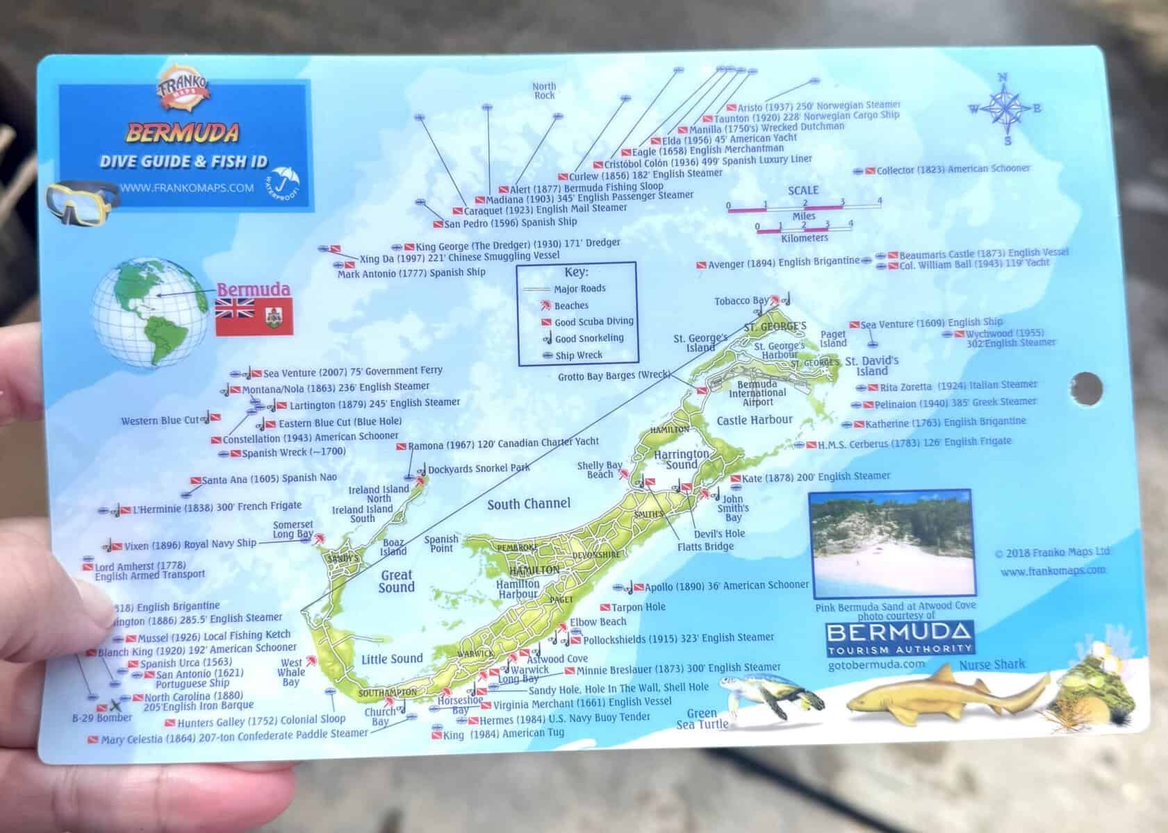map of Bermuda showing dive locations around the island